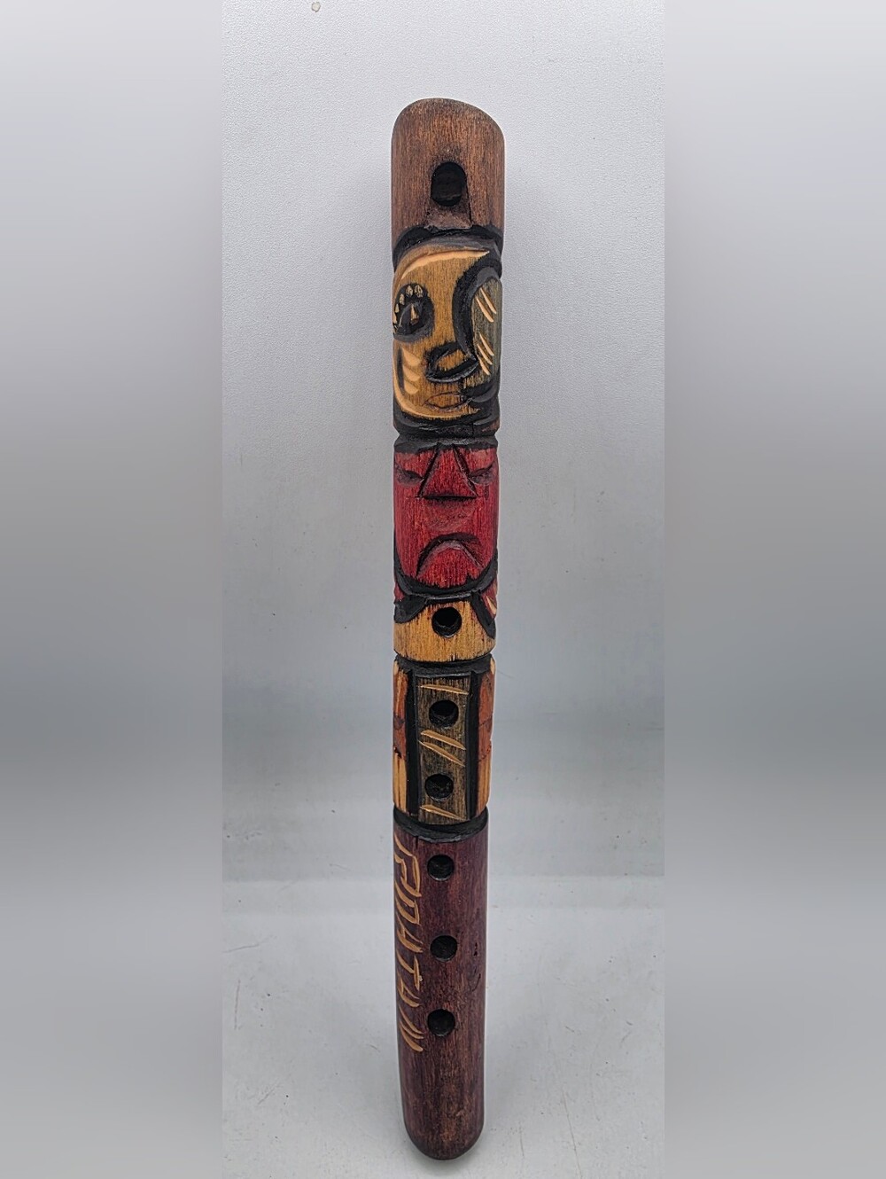 Handmade Wooden 12" Long Hand Carved Flute Totem Musical Instrument